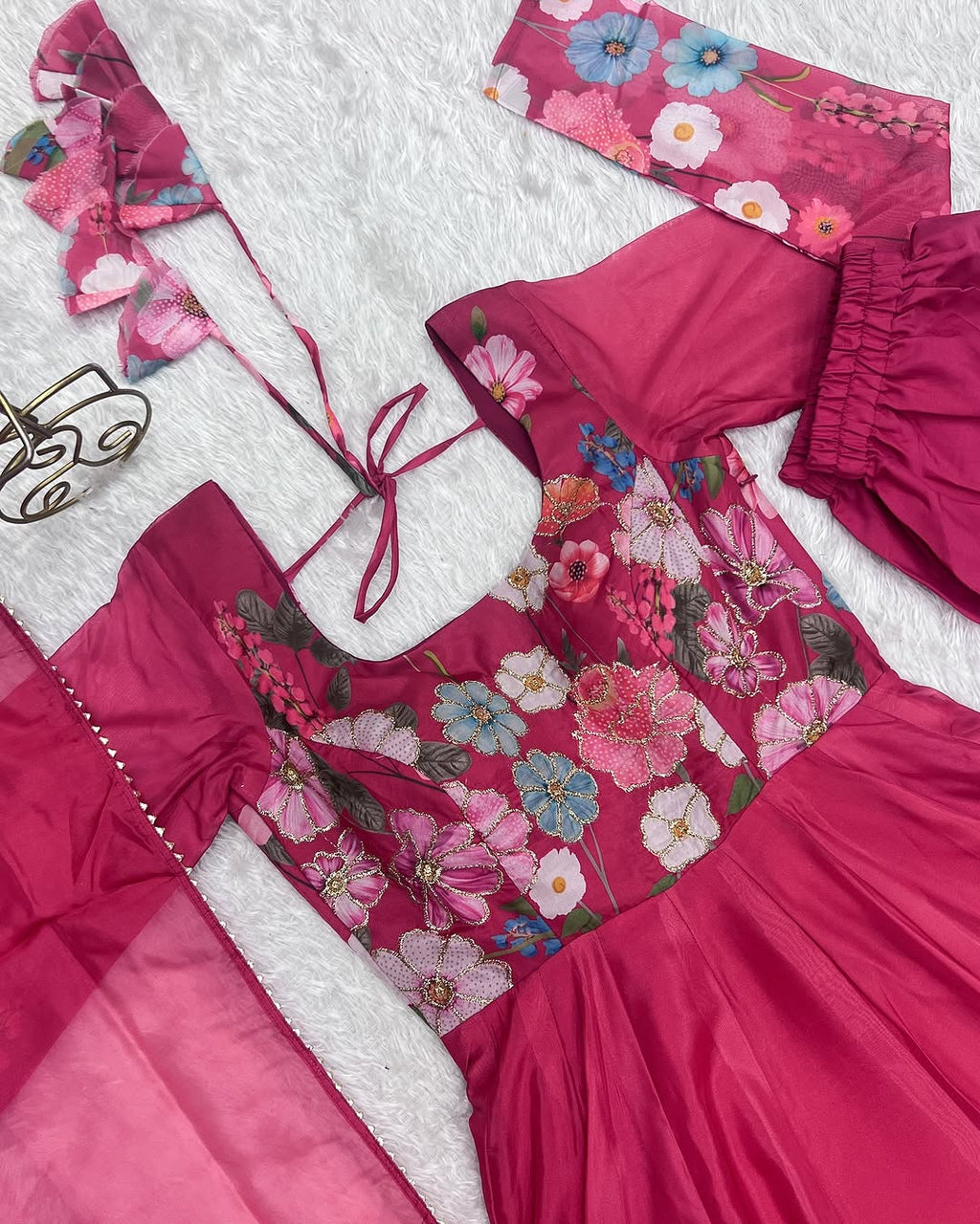 Darshika Pink Organza Floral Printed Anarkali Suit Set