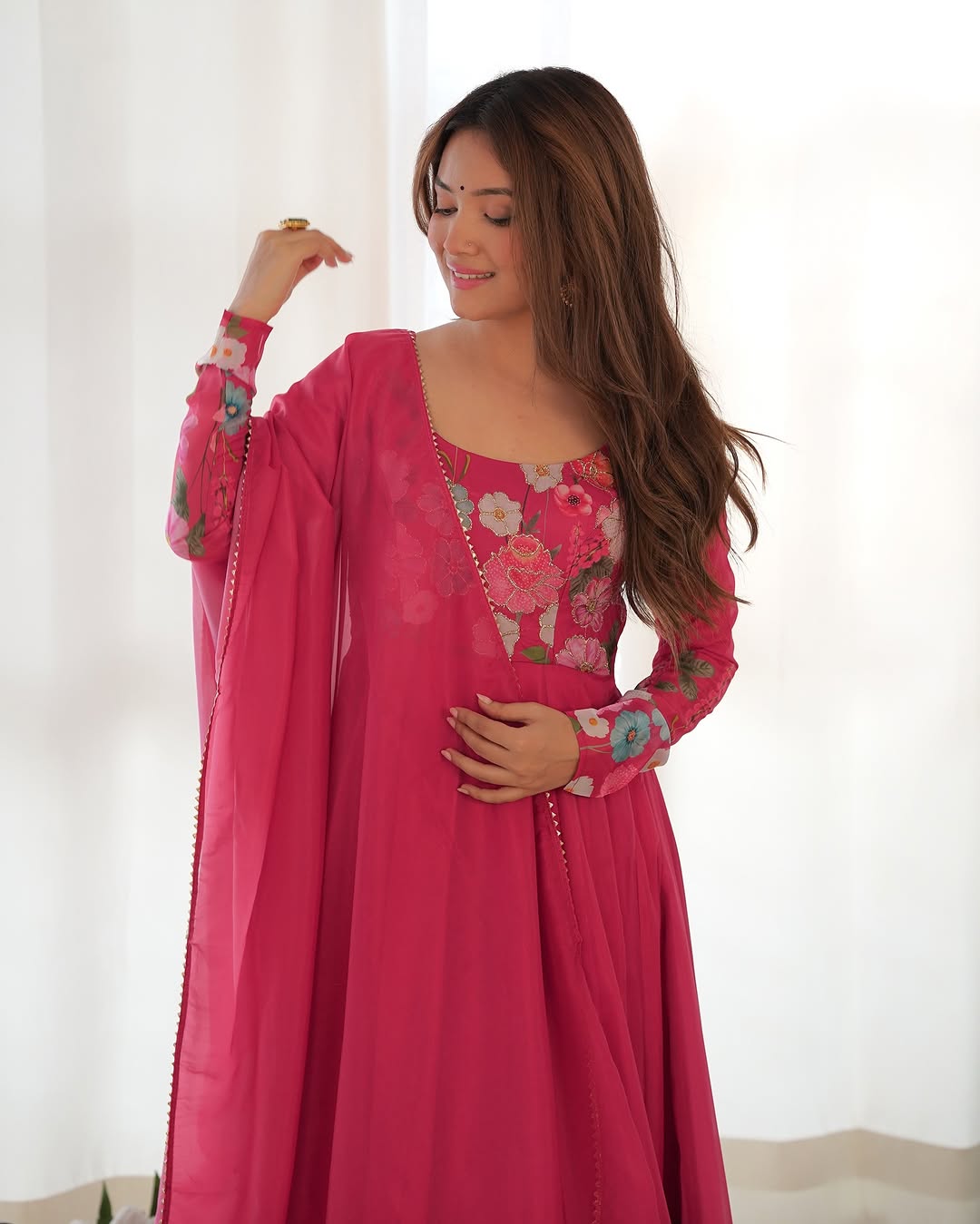 Darshika Pink Organza Floral Printed Anarkali Suit Set