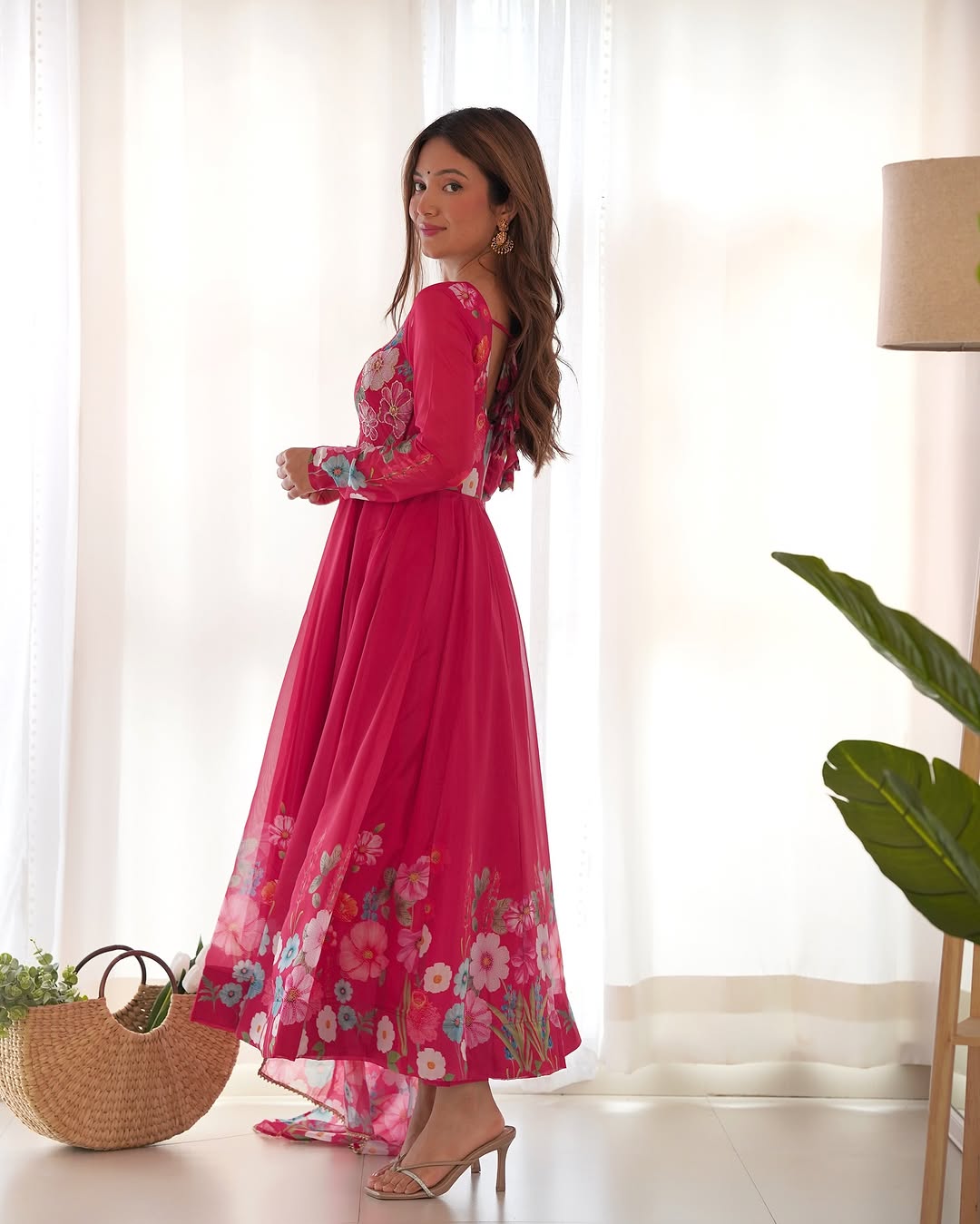 Darshika Pink Organza Floral Printed Anarkali Suit Set