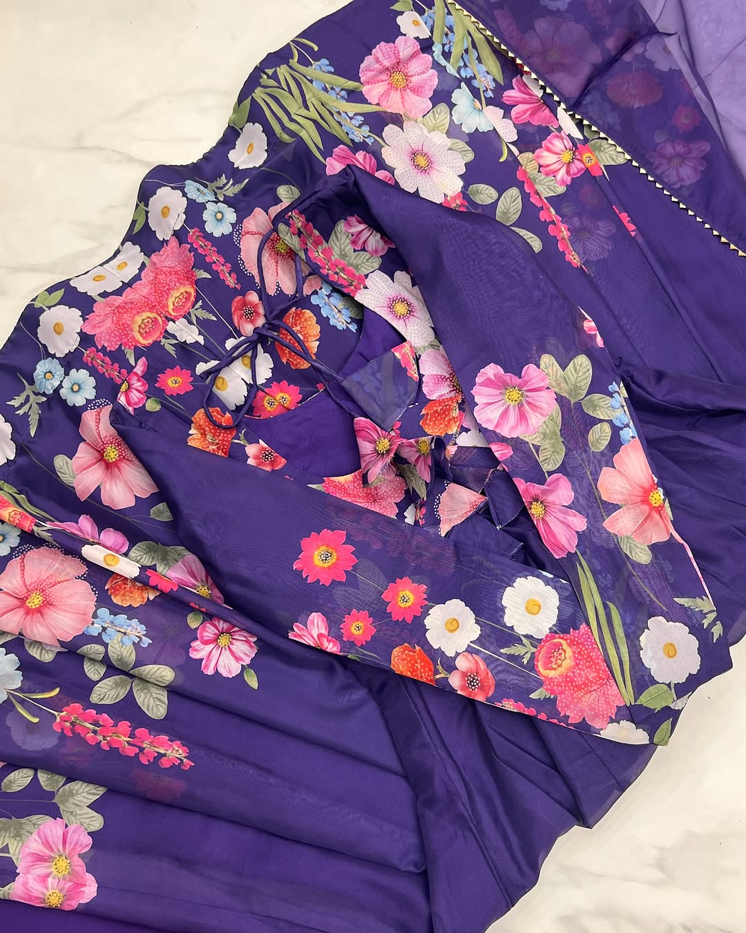 Darshika Purple Organza Floral Printed Anarkali Suit Set