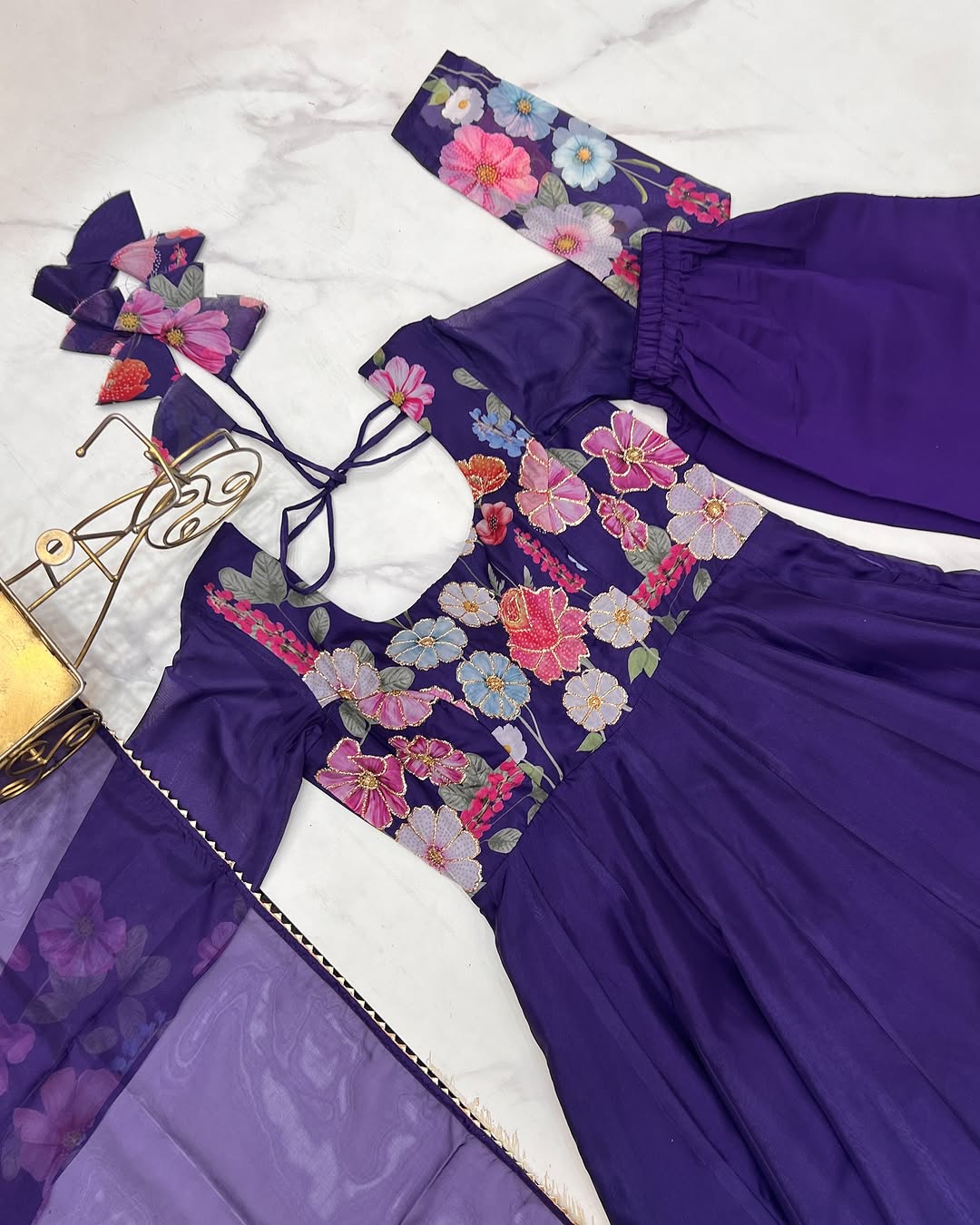 Darshika Purple Organza Floral Printed Anarkali Suit Set