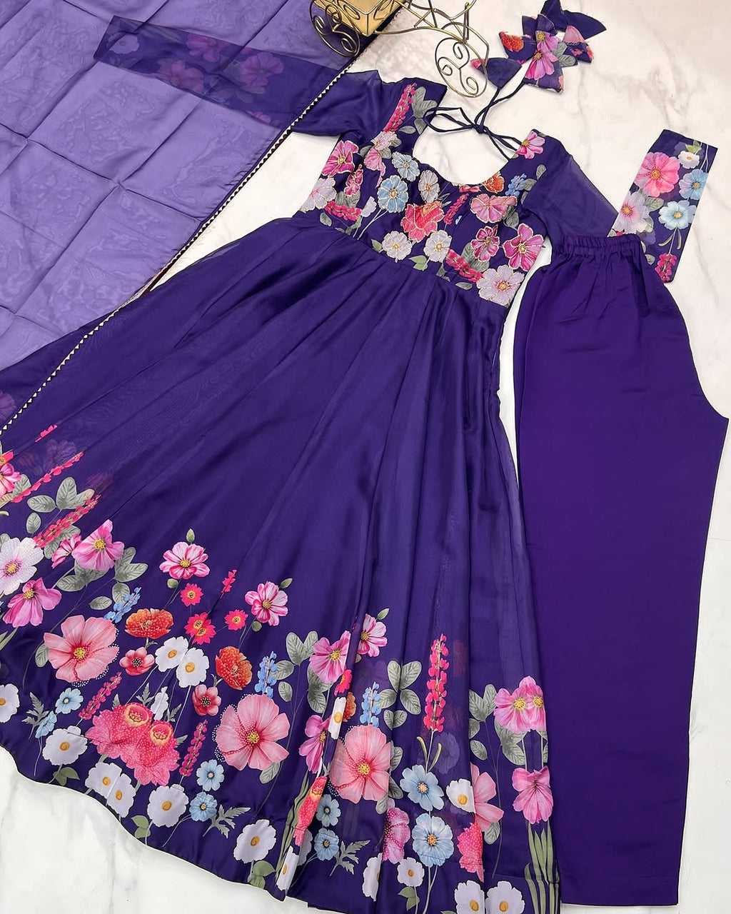 Darshika Purple Organza Floral Printed Anarkali Suit Set