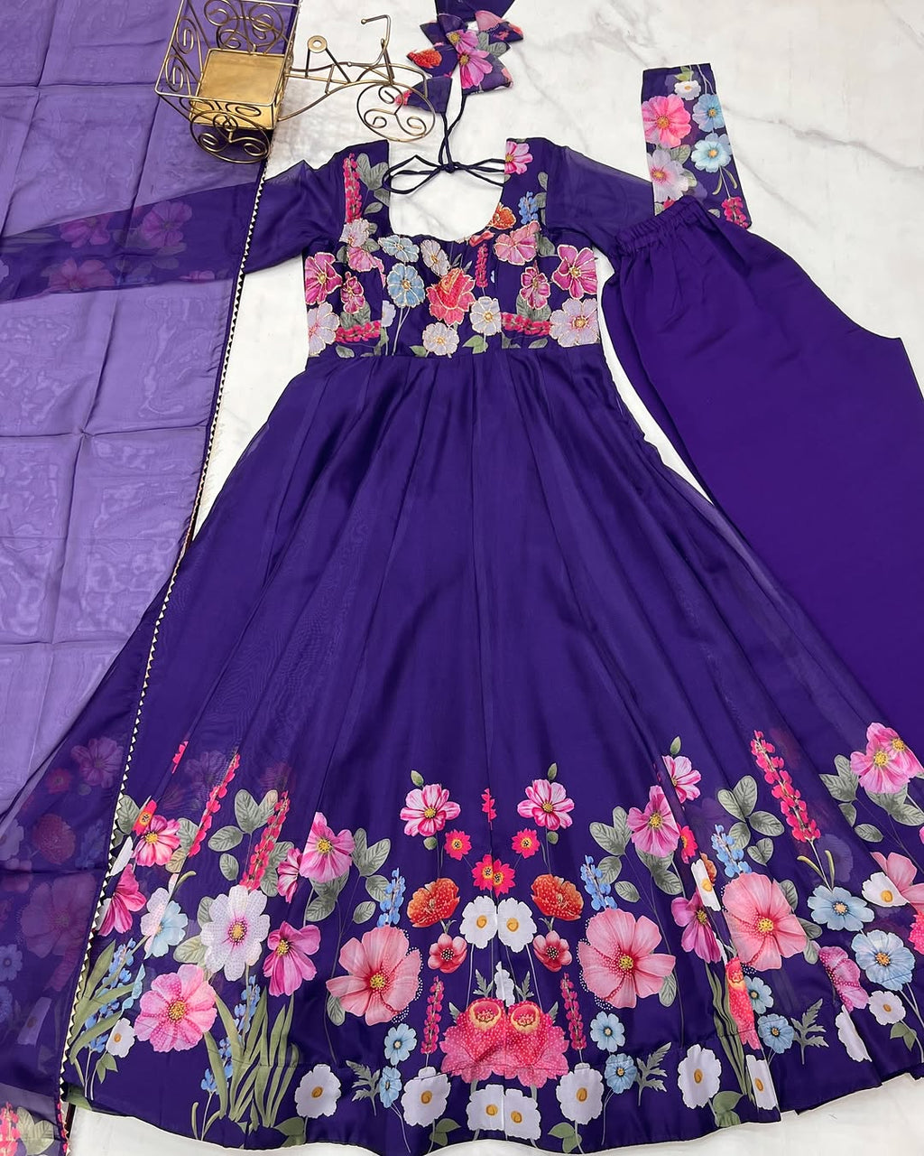Darshika Purple Organza Floral Printed Anarkali Suit Set
