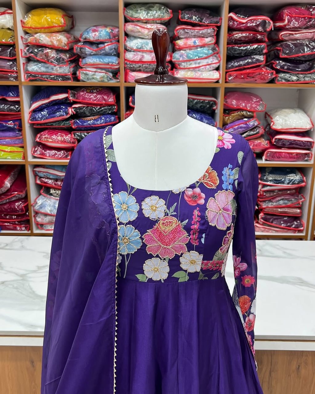 Darshika Purple Organza Floral Printed Anarkali Suit Set