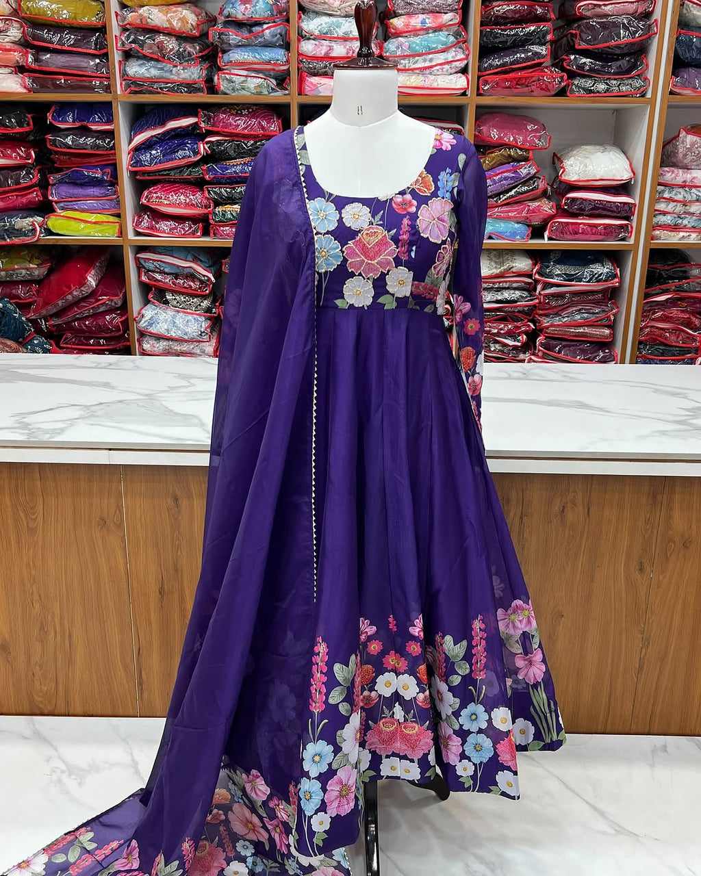 Darshika Purple Organza Floral Printed Anarkali Suit Set