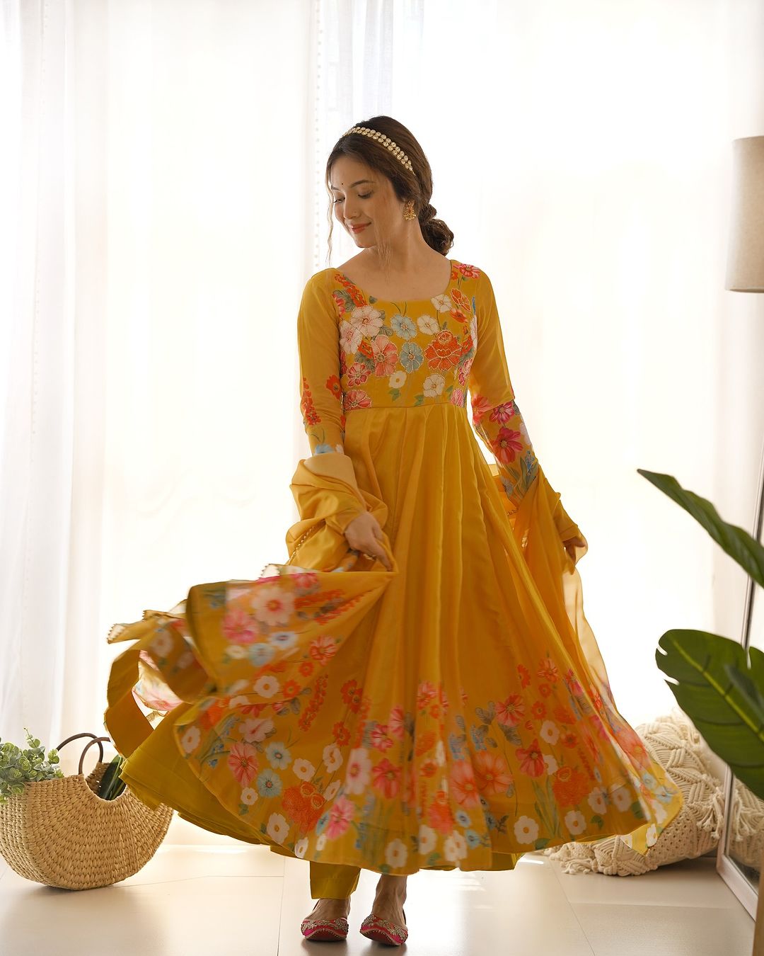 Darshika Organza Floral Printed Yellow Anarkali Suit Set