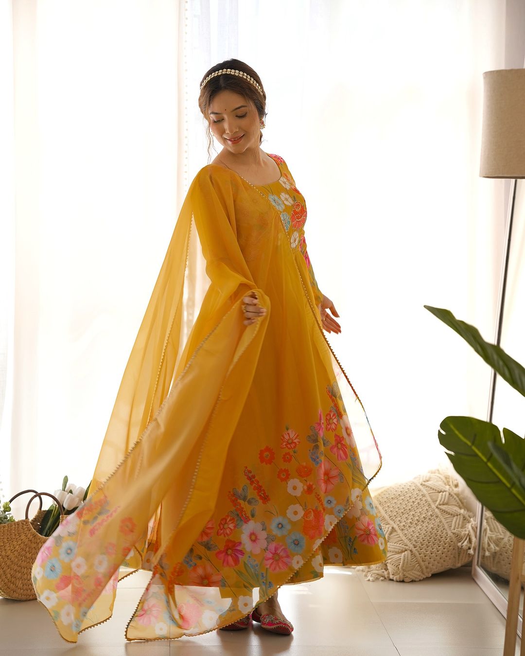Darshika Organza Floral Printed Yellow Anarkali Suit Set