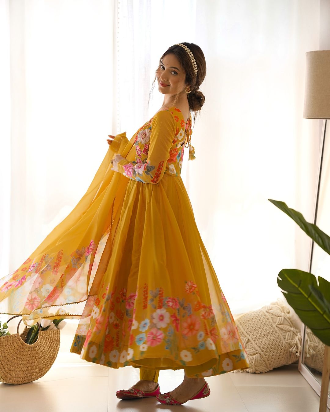 Darshika Organza Floral Printed Yellow Anarkali Suit Set