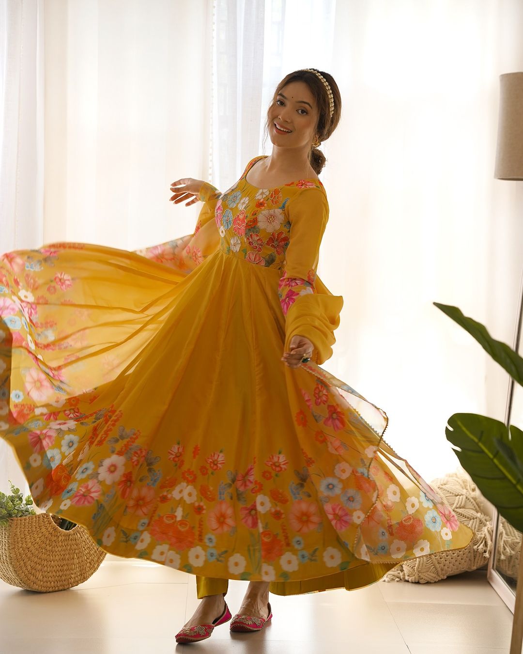 Darshika Organza Floral Printed Yellow Anarkali Suit Set