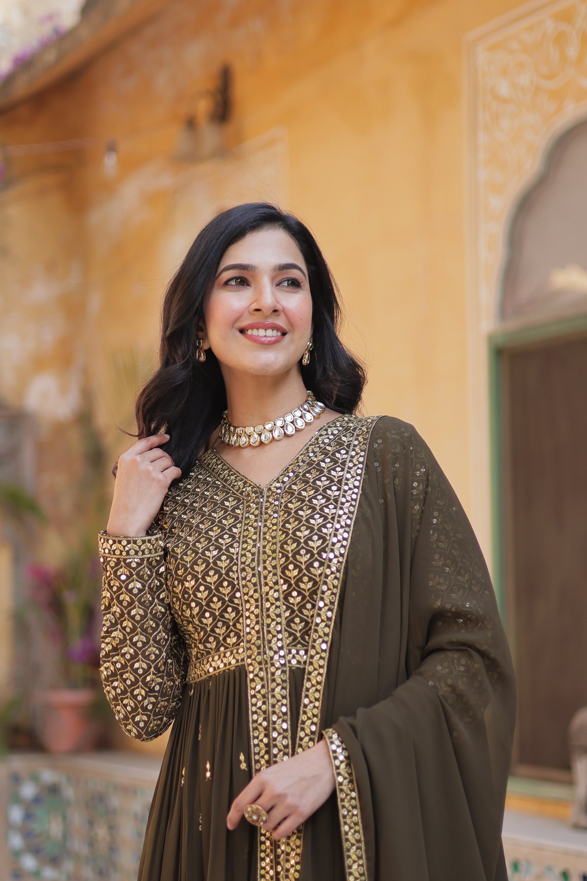 Deeshna Mehndi Green Embroidered Anarkali Gown Set