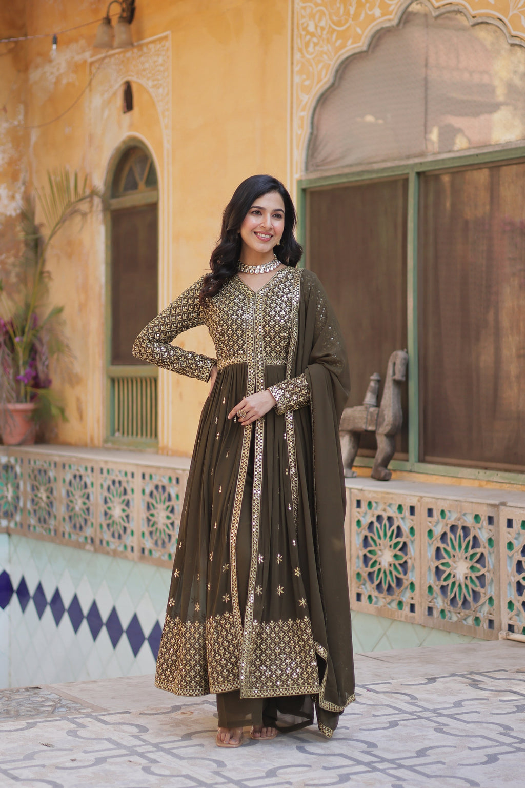 Deeshna Mehndi Green Embroidered Anarkali Gown Set