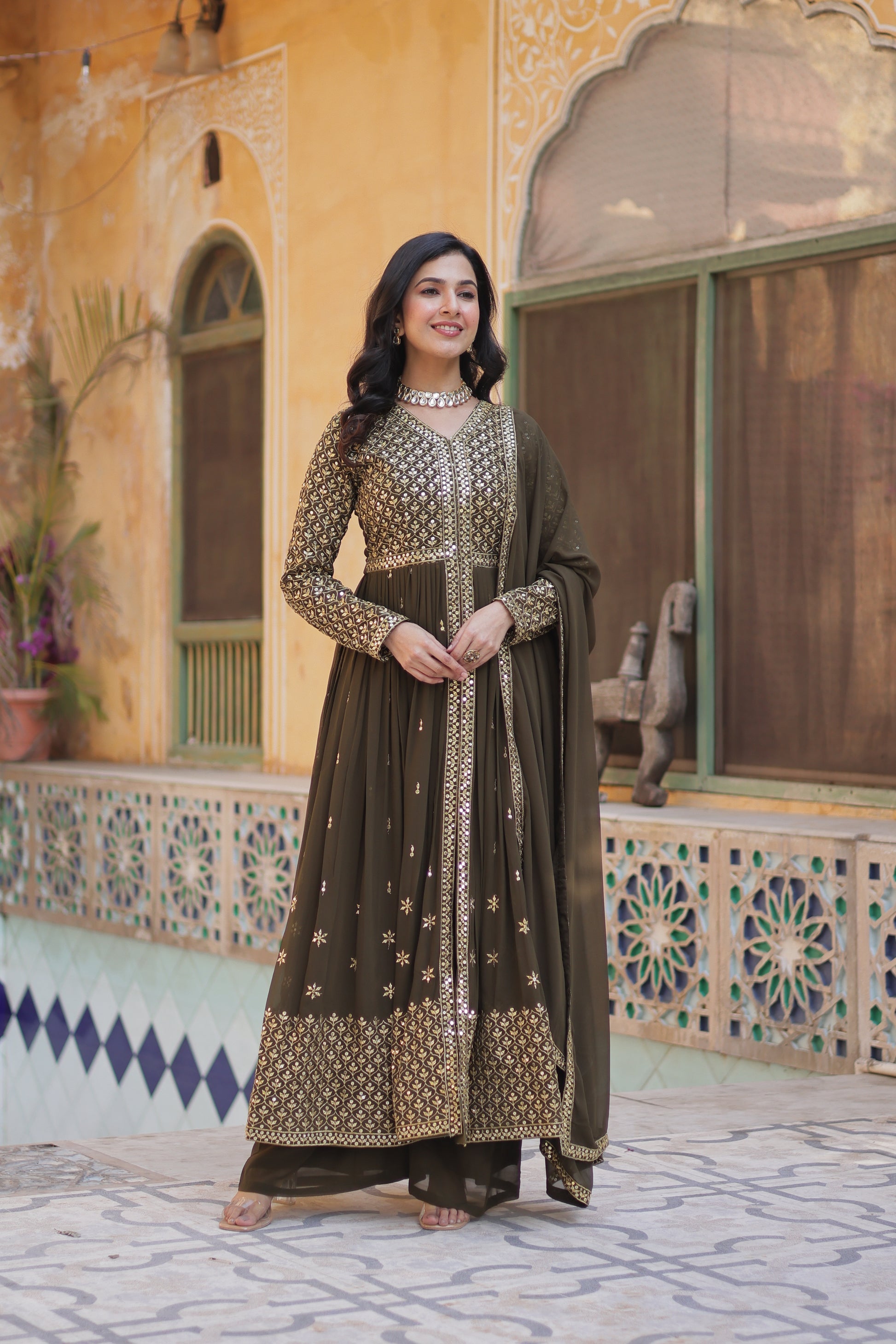 Deeshna Mehndi Green Embroidered Anarkali Gown Set