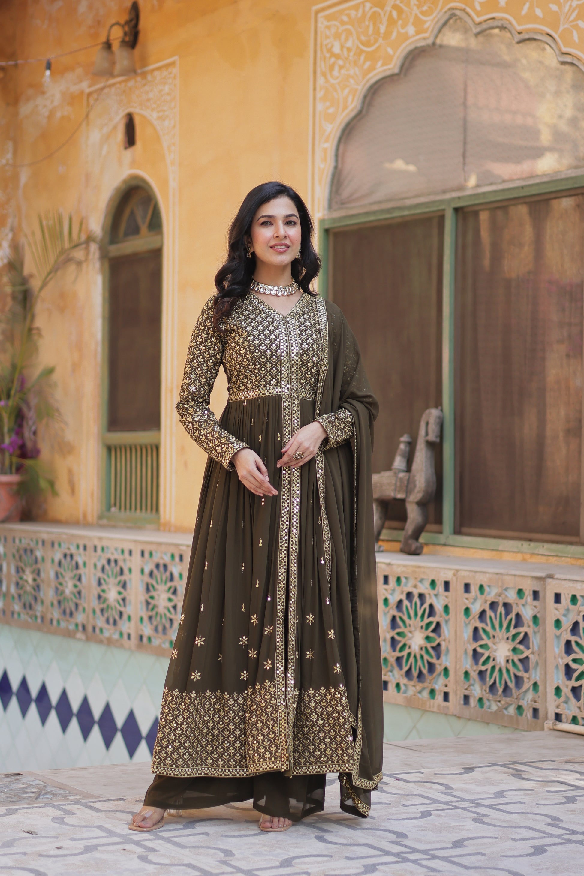 Deeshna Mehndi Green Embroidered Anarkali Gown Set