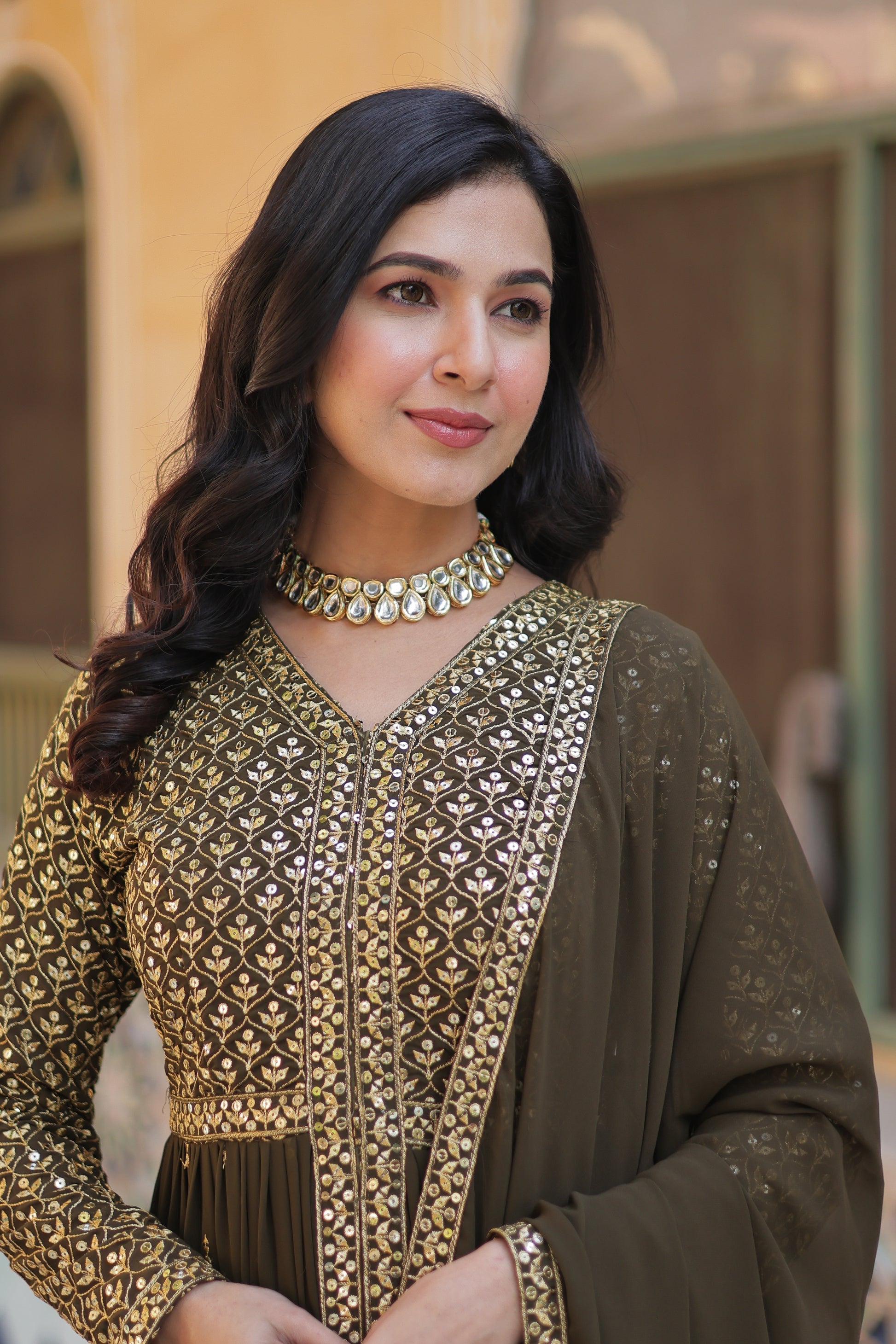 Deeshna Mehndi Green Embroidered Anarkali Gown Set