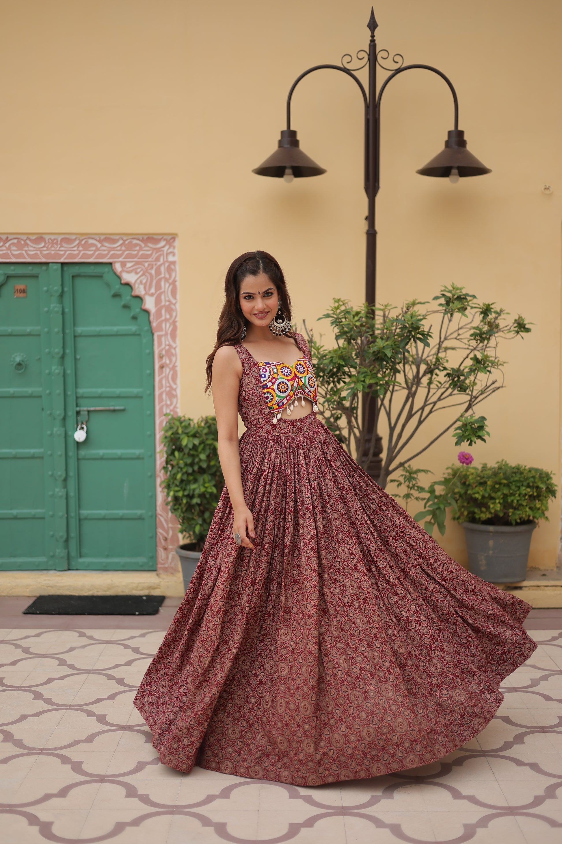 Deetya Brown Cotton Gamthi Work Navratri Gown