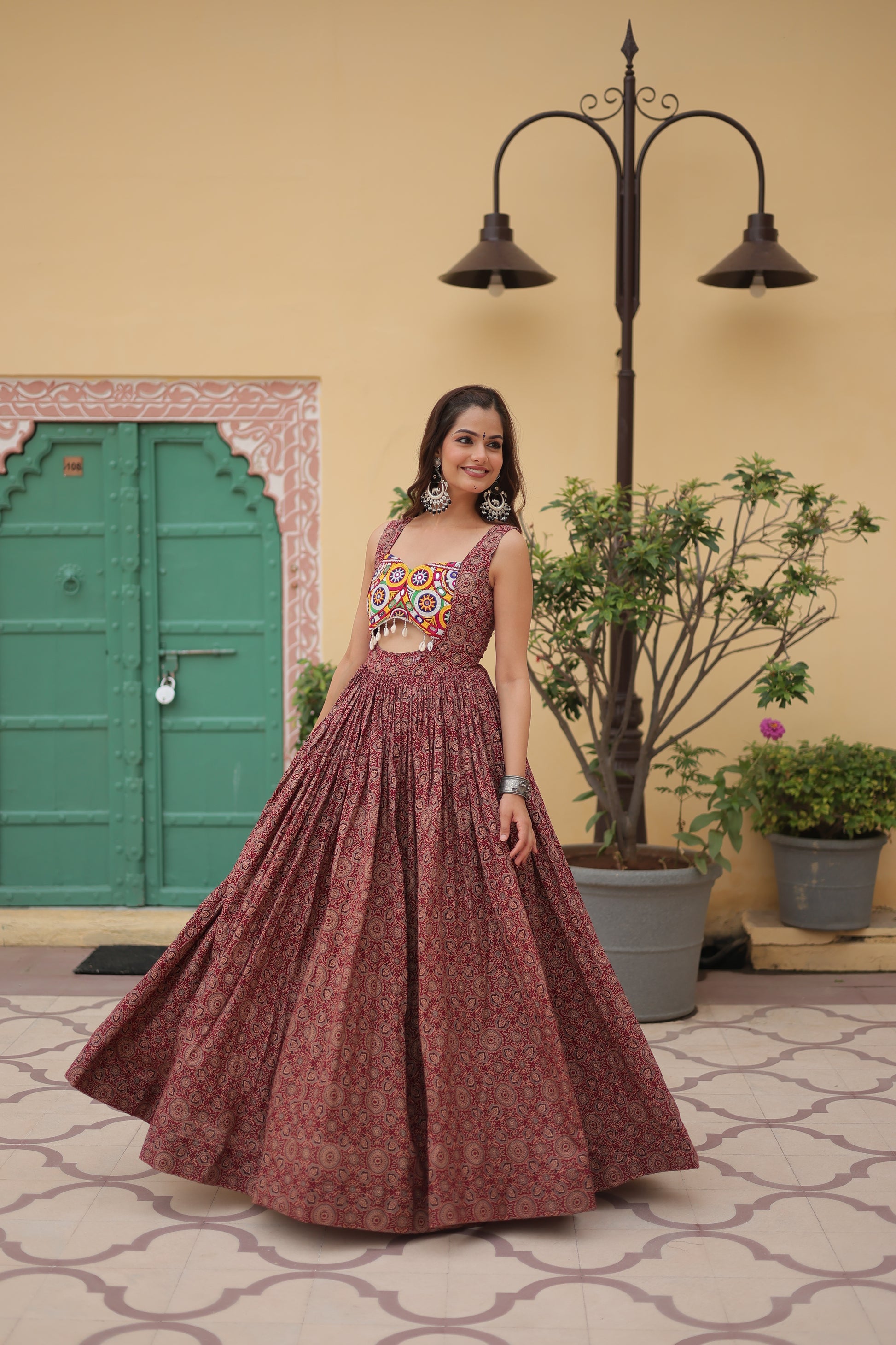 Deetya Brown Cotton Gamthi Work Navratri Gown