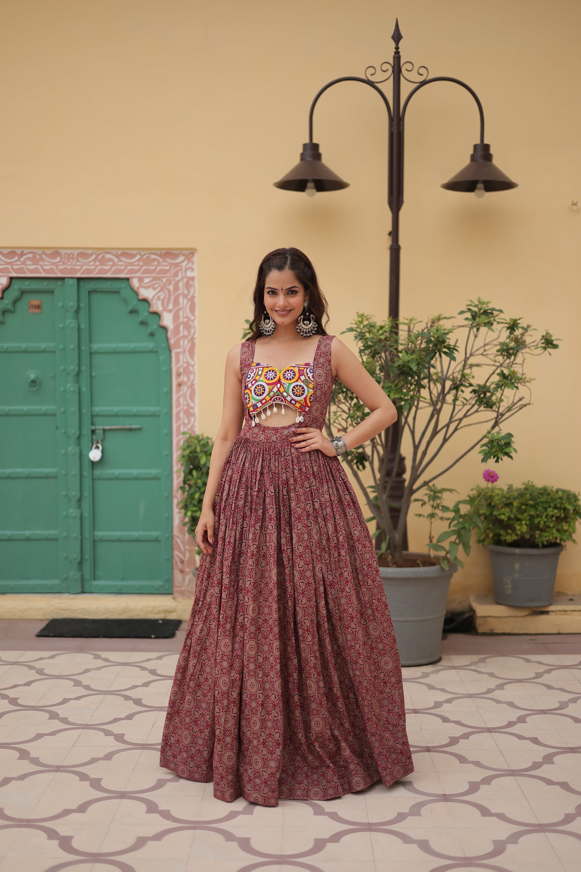 Deetya Brown Cotton Gamthi Work Navratri Gown