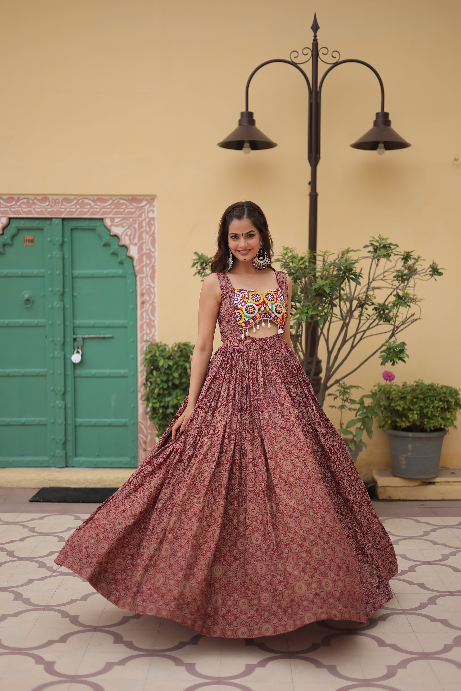 Deetya Brown Cotton Gamthi Work Navratri Gown