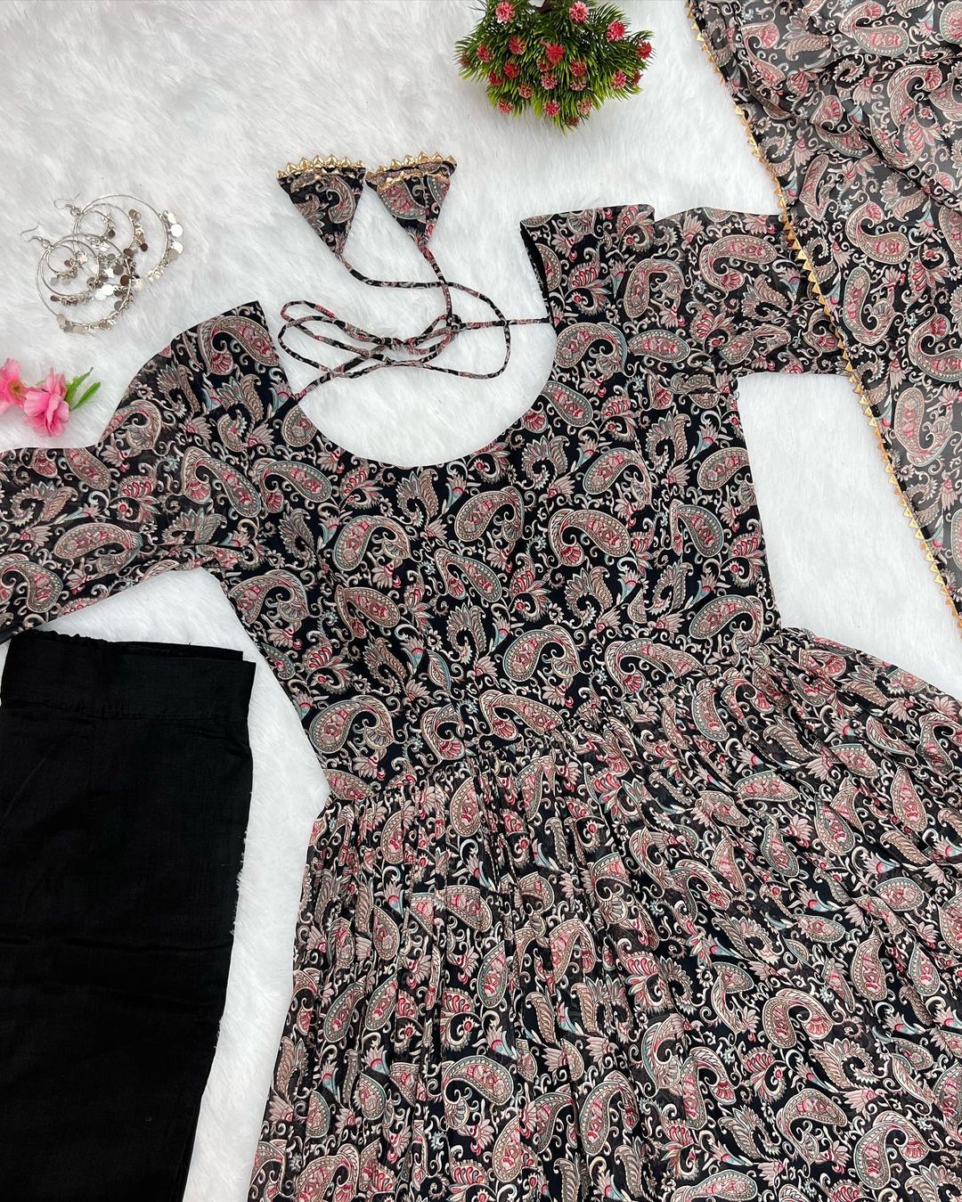 Black georgette ruffle flared Dityaa designer Anarkali suit