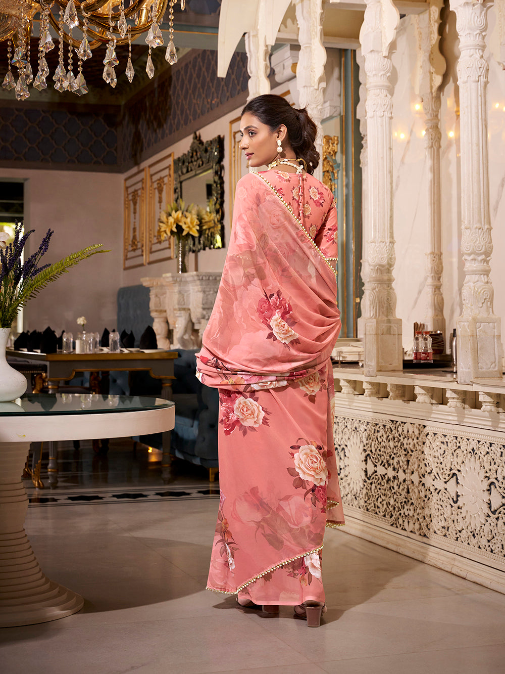 Dusty Pink Georgette Printed Saree with Pearl Lace Border