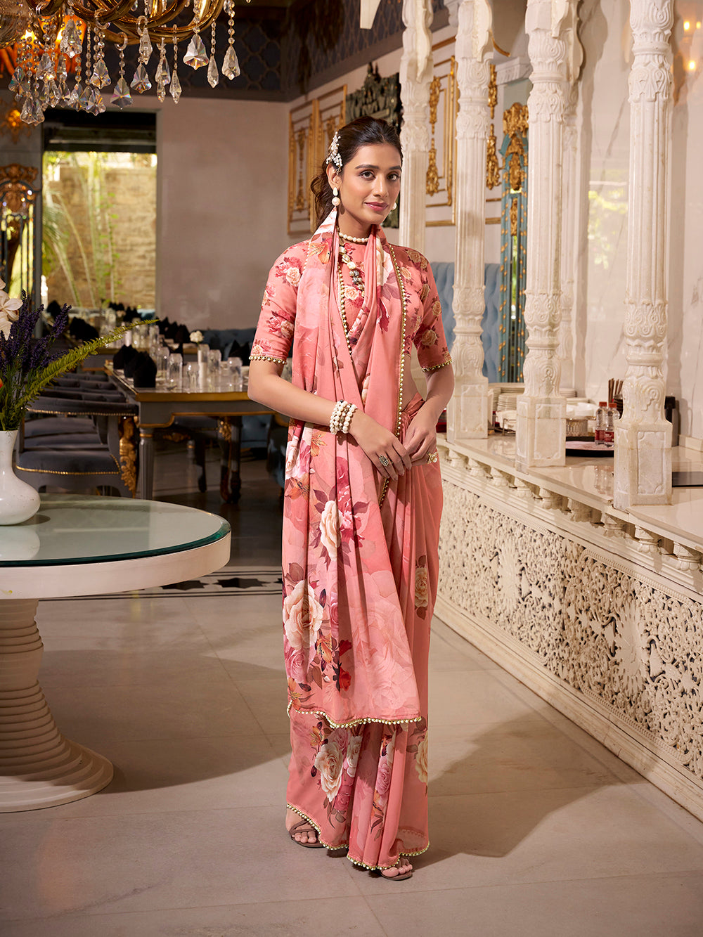 Dusty Pink Georgette Printed Saree with Pearl Lace Border