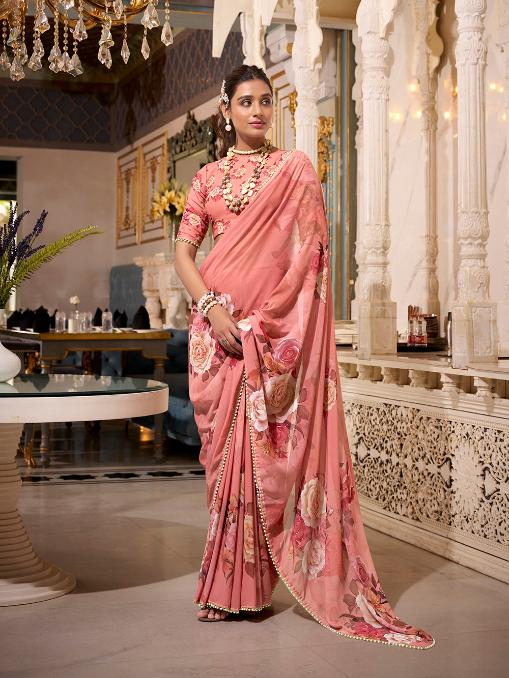 Dusty Pink Georgette Printed Saree with Pearl Lace Border