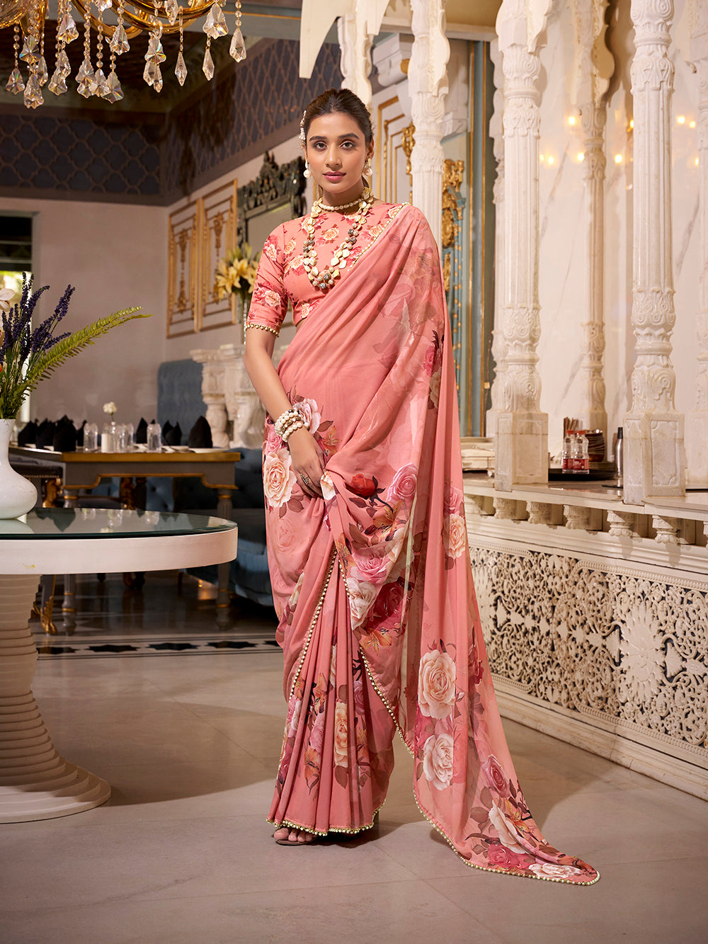 Dusty Pink Georgette Printed Saree with Pearl Lace Border