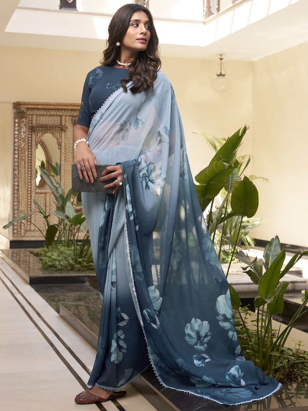 Dusty Teal Blue Marble Saree with Floral Print & Lace Border