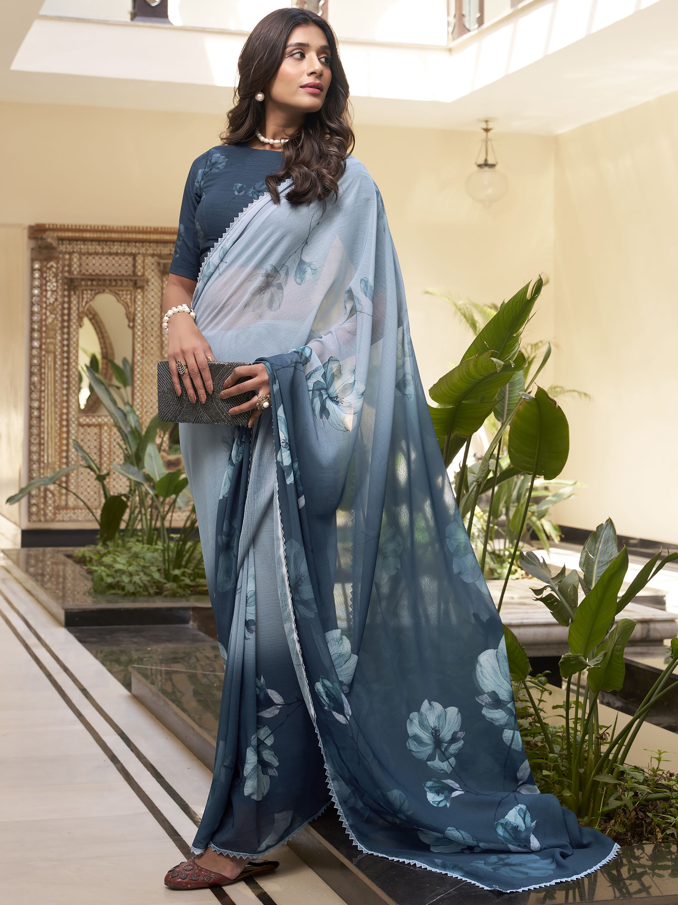 Dusty Teal Blue Marble Saree with Floral Print & Lace Border