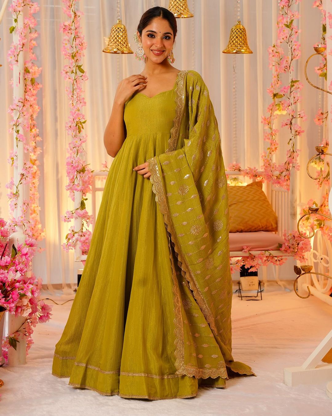 Dviti Green Chinon Silk Sleeveless Embroidery Gown Set