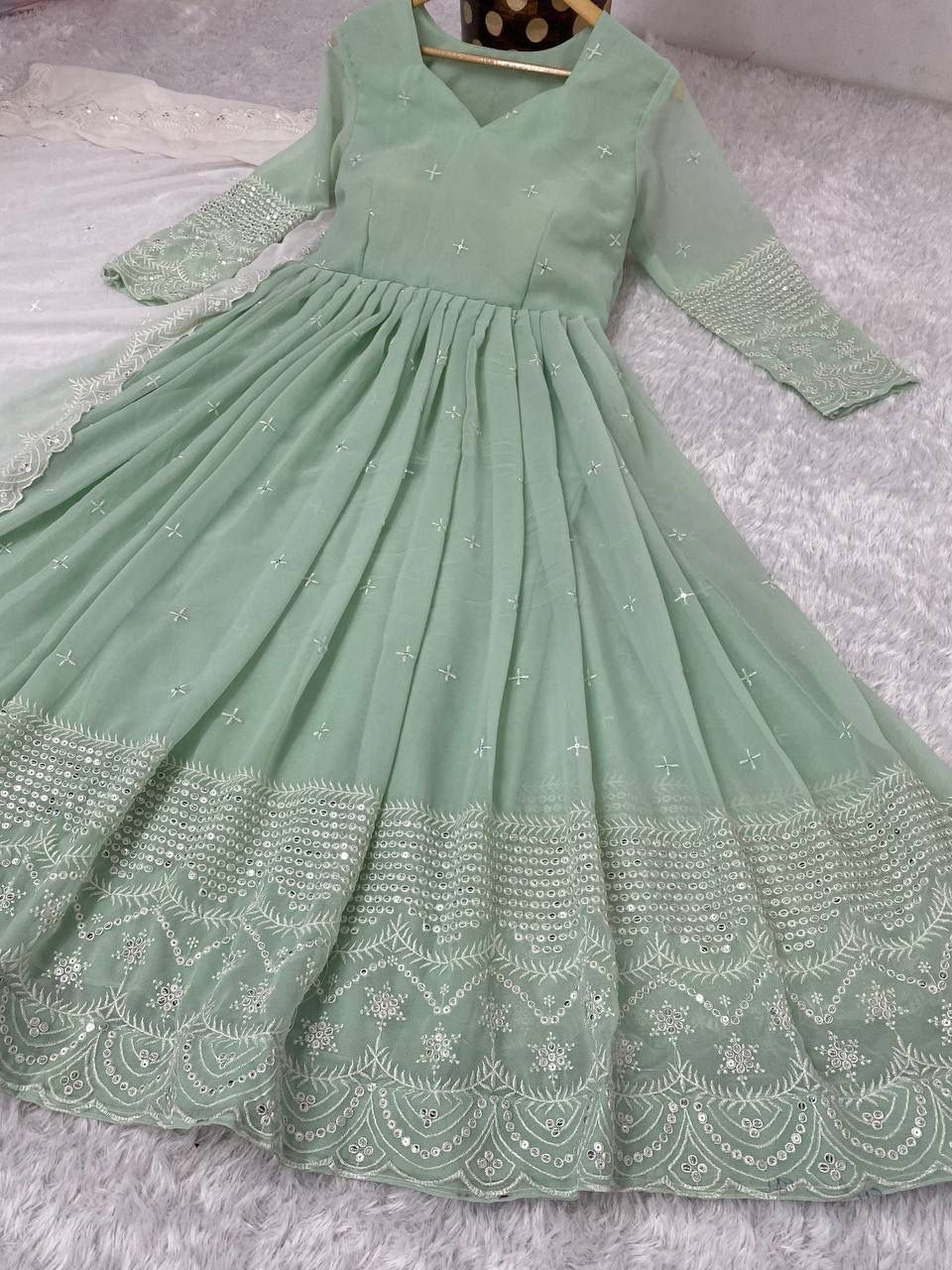 Meena light green georgette anarkali gown set