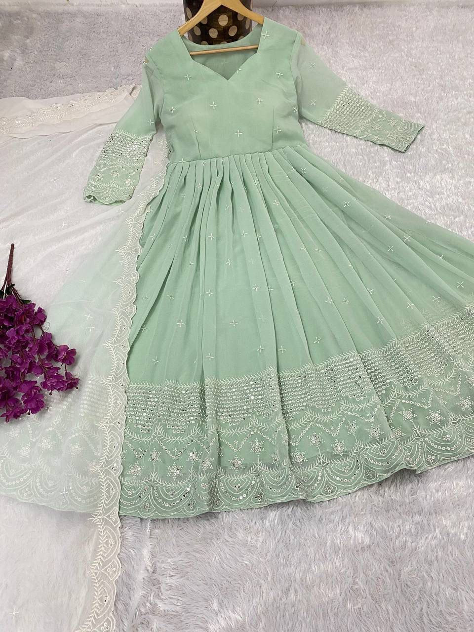 Meena light green georgette anarkali gown set
