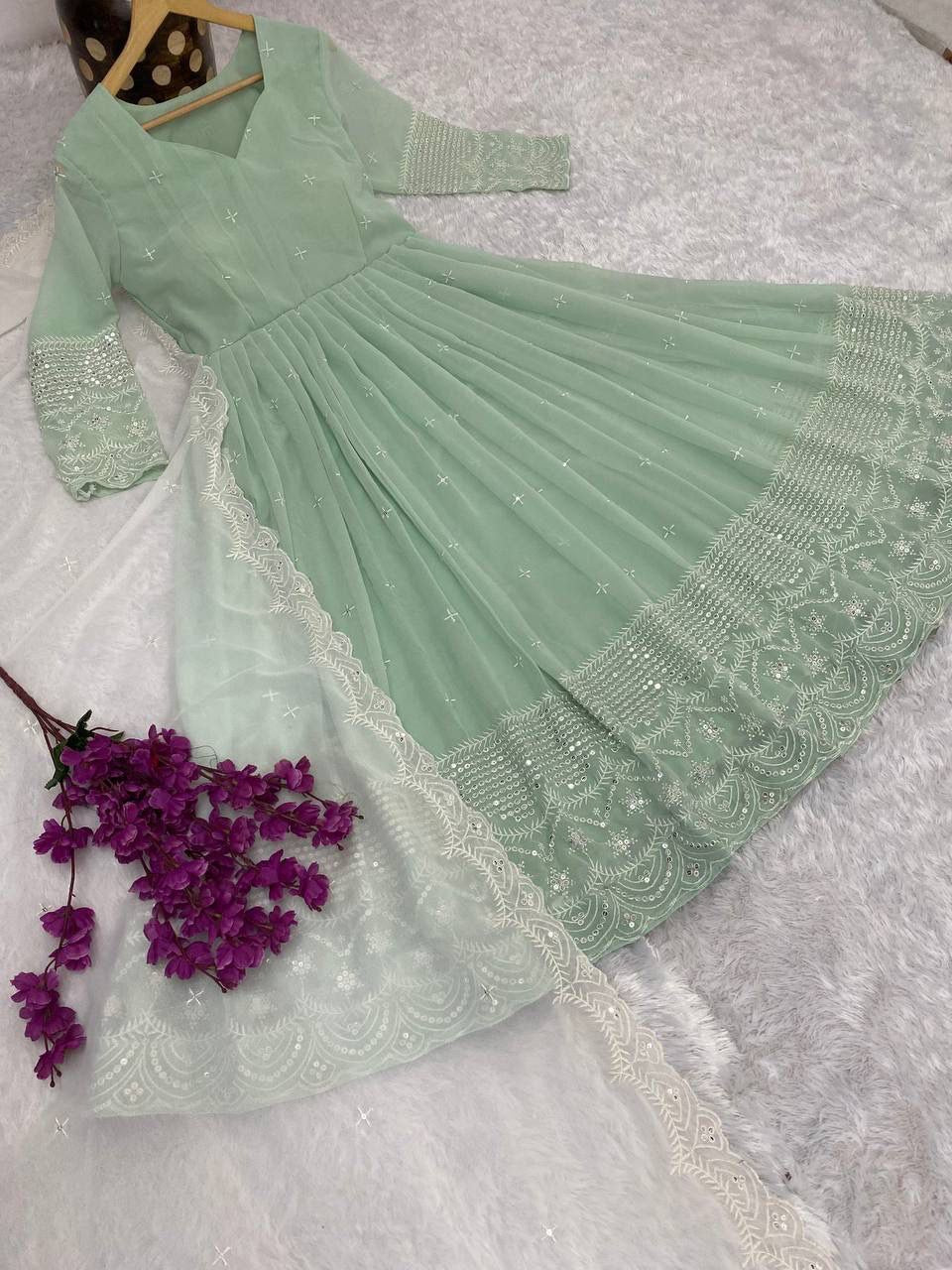 Meena light green georgette anarkali gown set
