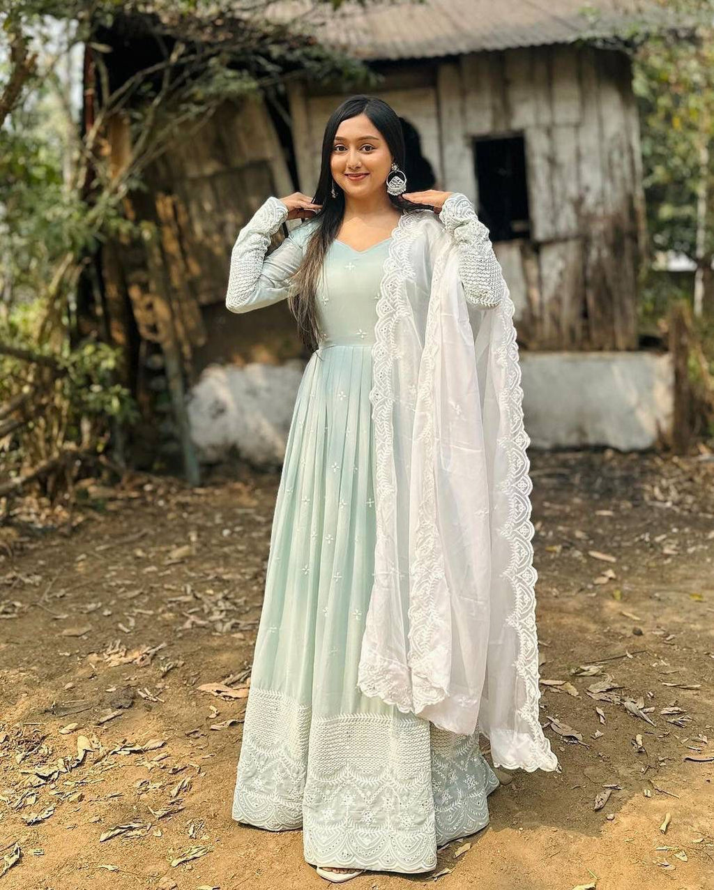 Meena light green georgette anarkali gown set