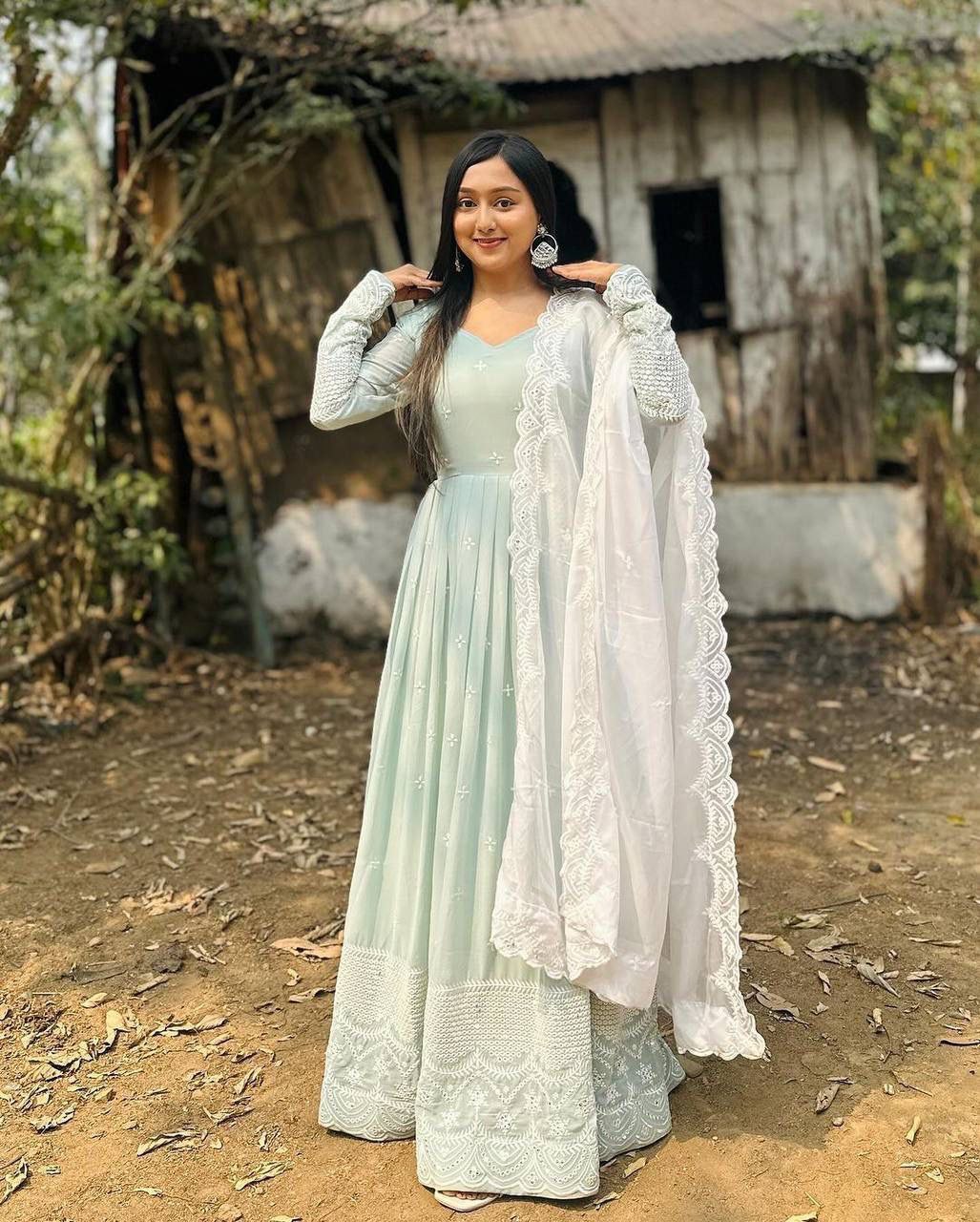 Meena light green georgette anarkali gown set