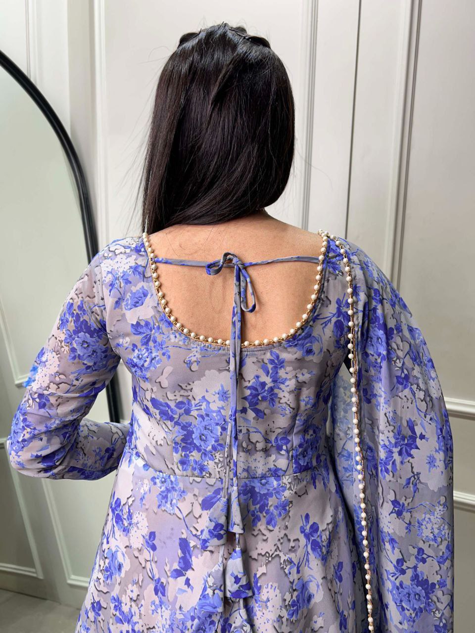 Enchanting Georgette Floral Print & Pearl Lace Border Elegance Kurti Set