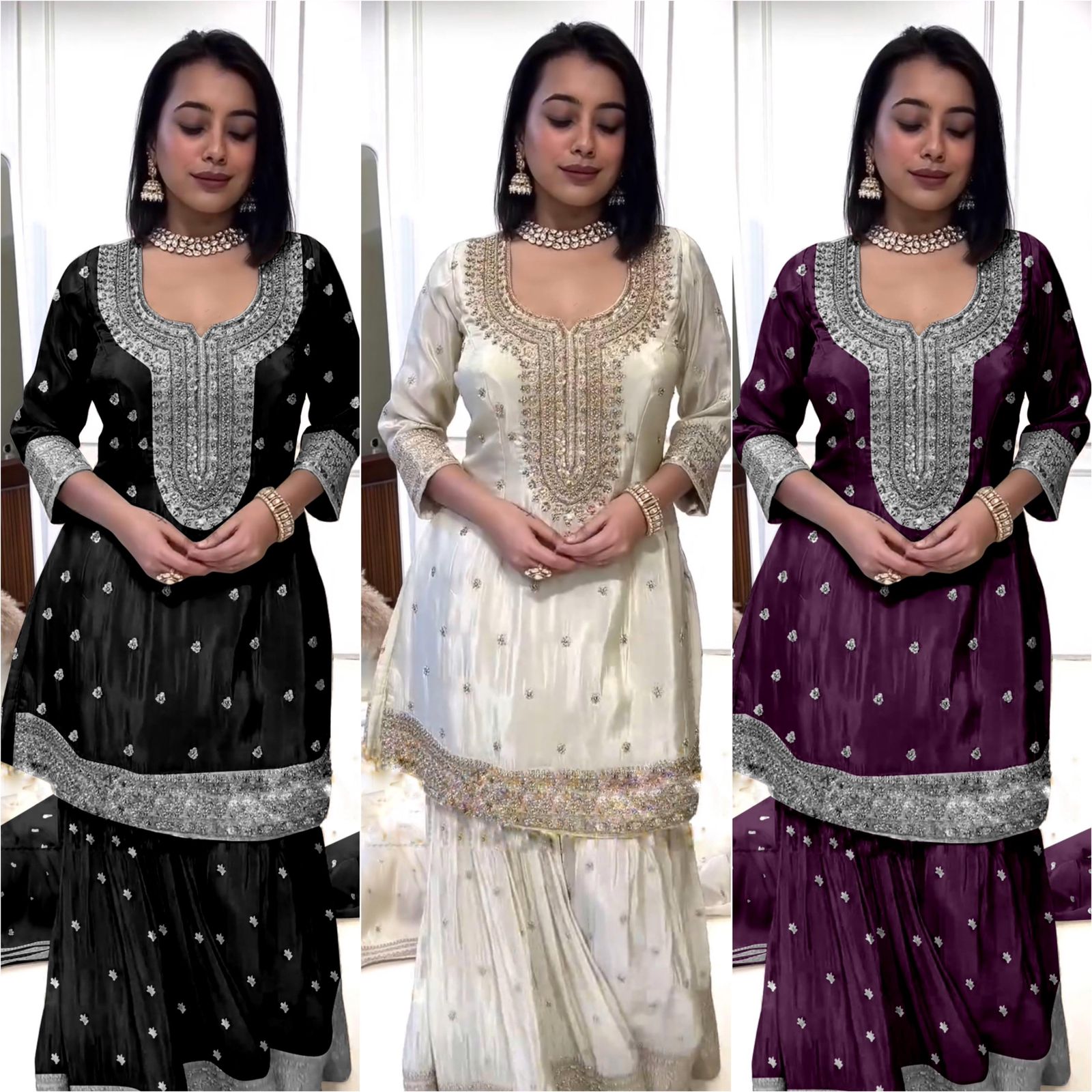 Enchanting Sequined Silk Trio Ensemble in desi style