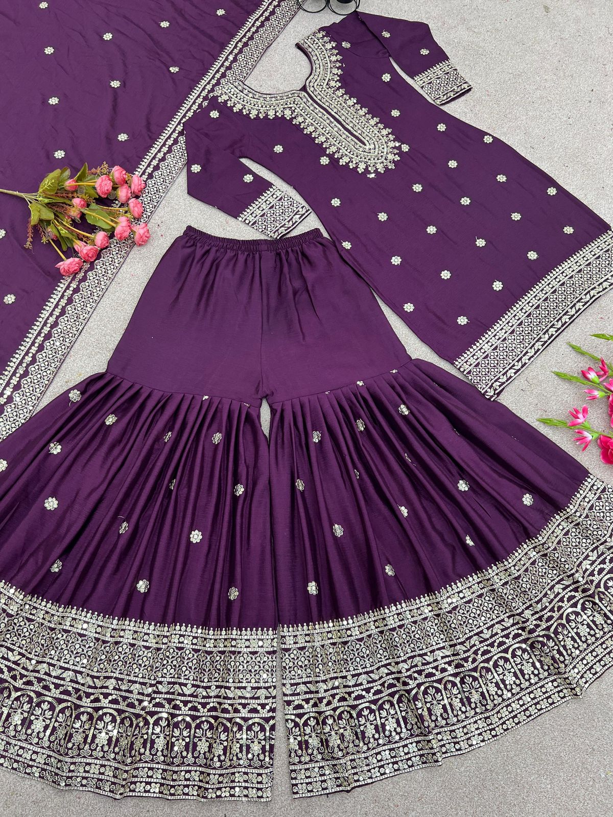 Enchanting Sequined Silk Trio Ensemble in desi style