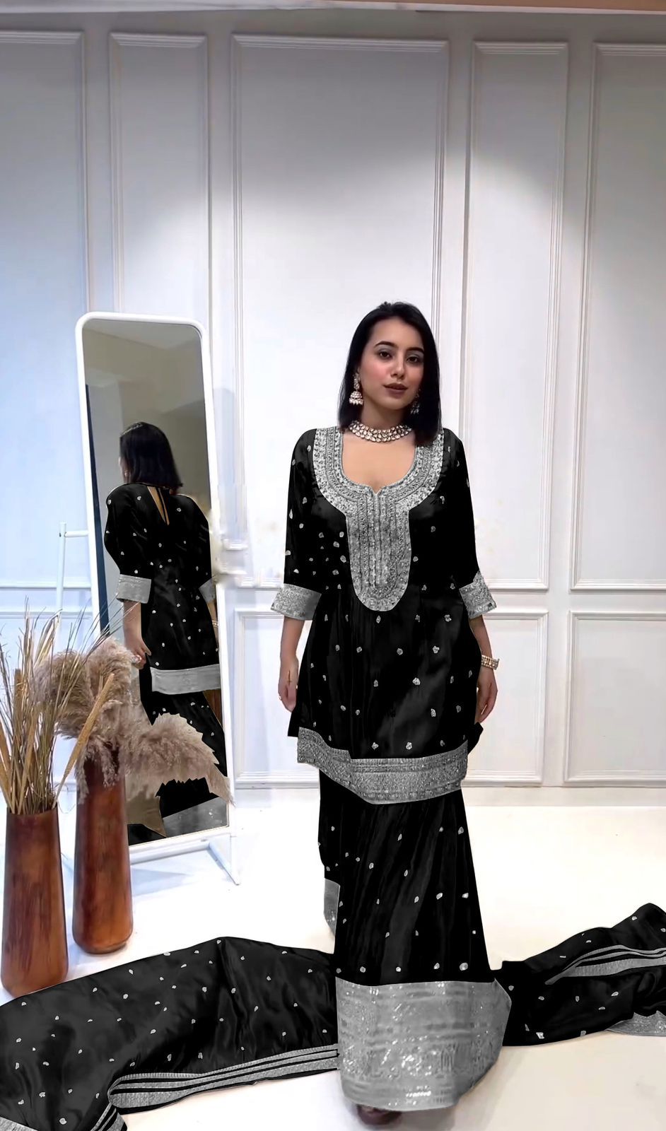 Enchanting Sequined Silk Trio Ensemble in desi style