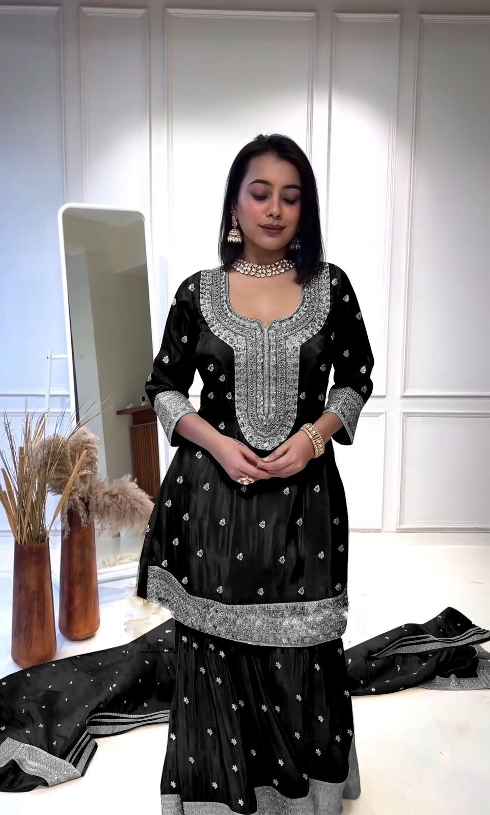 Enchanting Sequined Silk Trio Ensemble in desi style