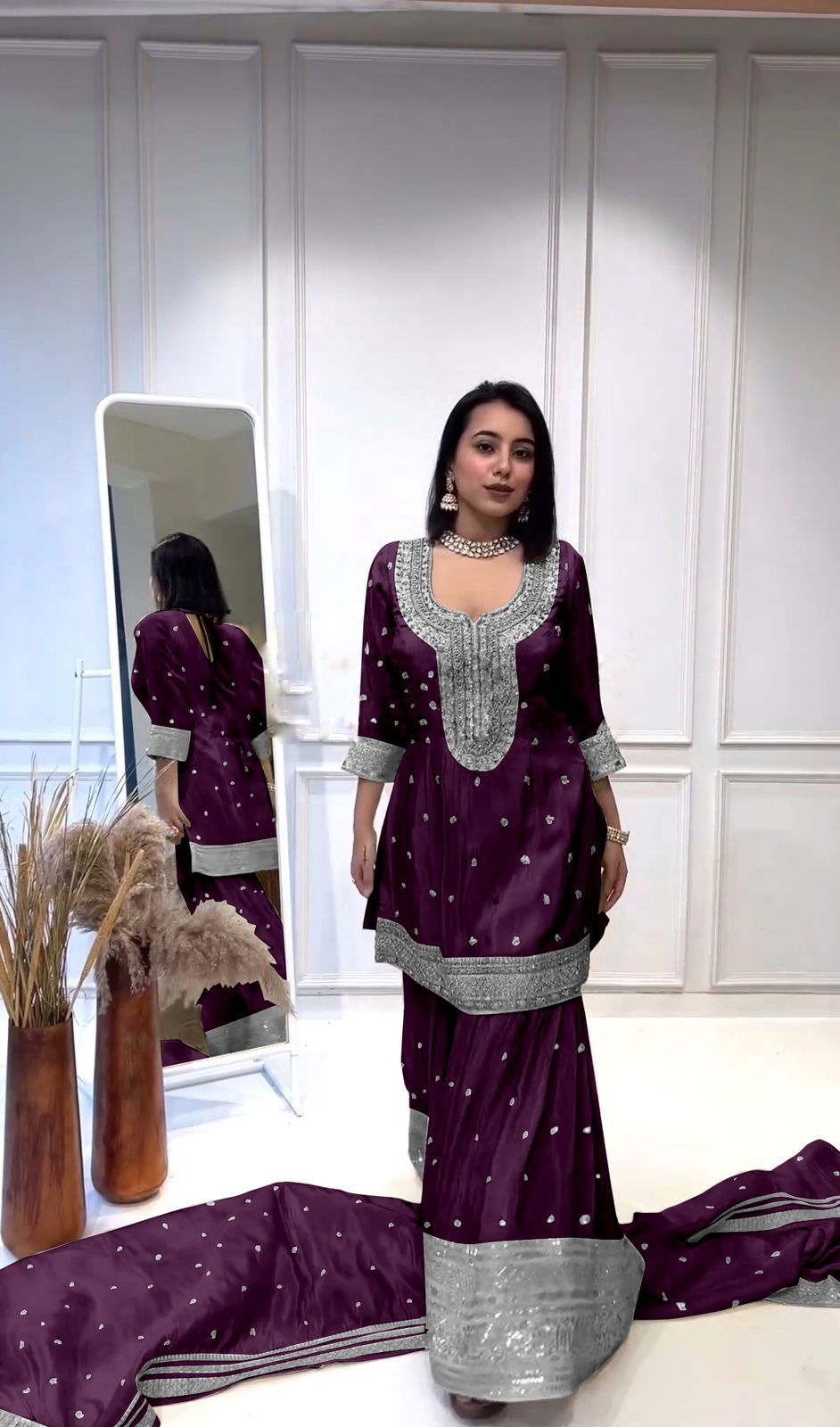 Enchanting Sequined Silk Trio Ensemble in desi style