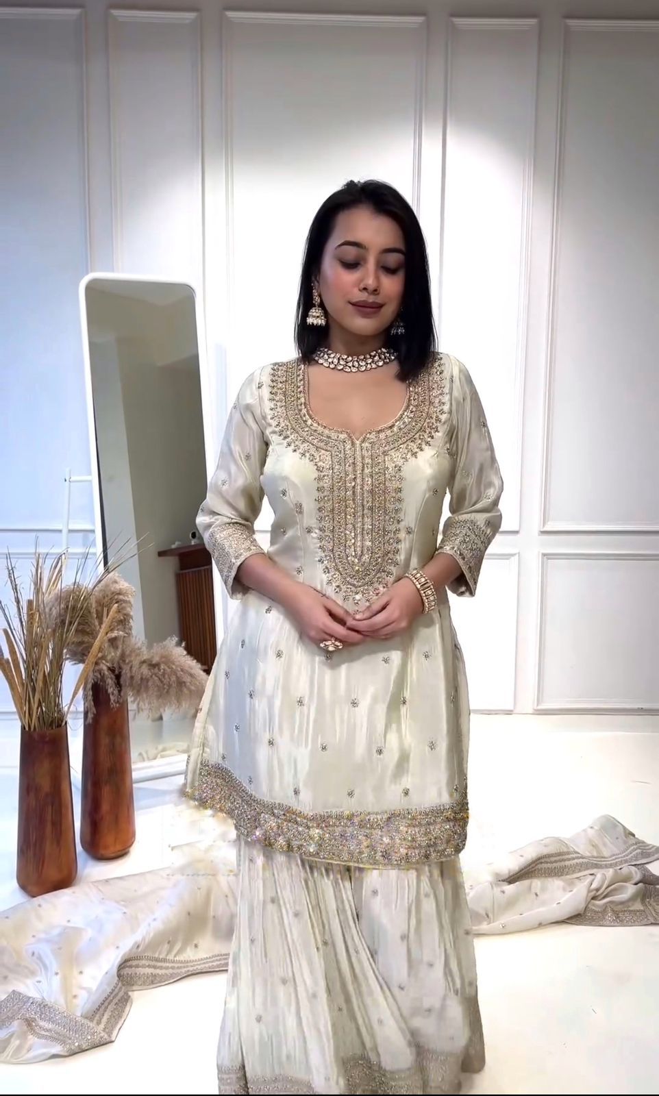 Enchanting Sequined Silk Trio Ensemble in desi style
