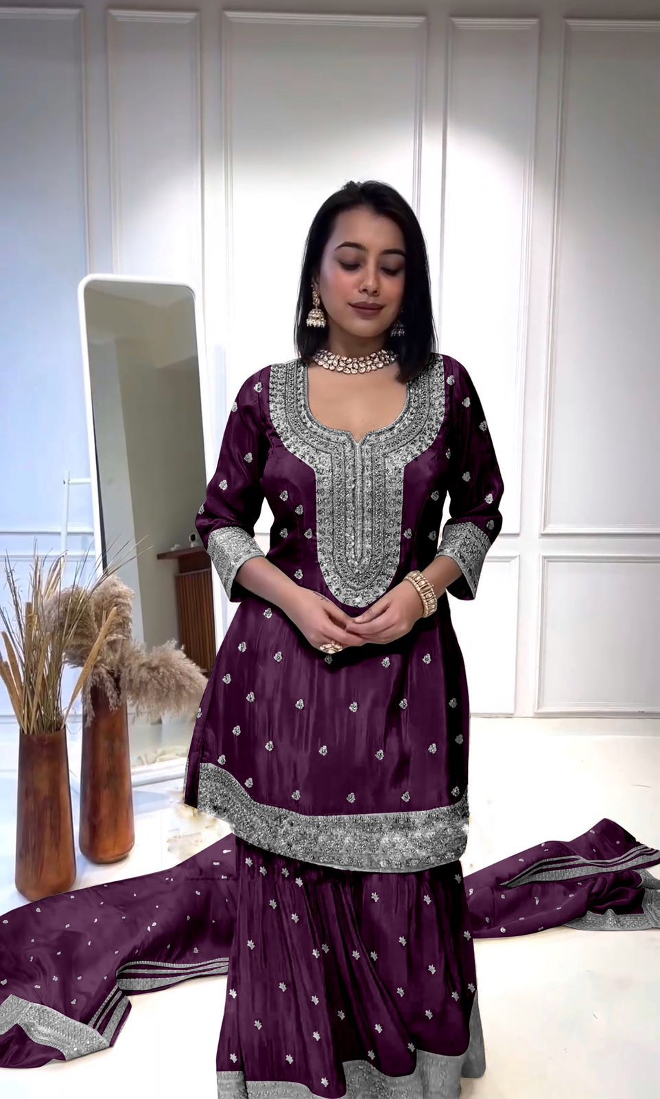 Enchanting Sequined Silk Trio Ensemble in desi style