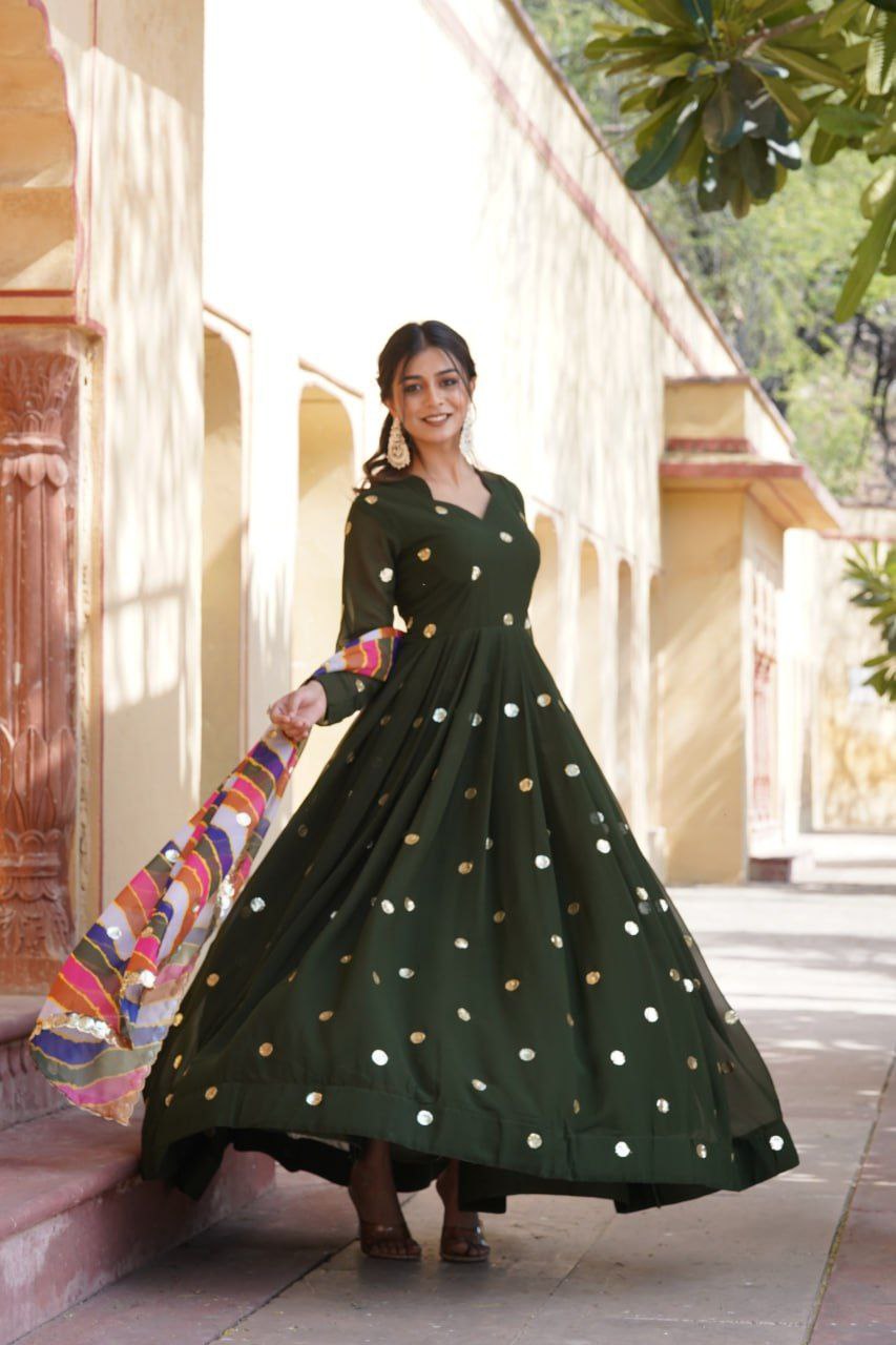 Dhumavati green georgette anarkali gown suit set