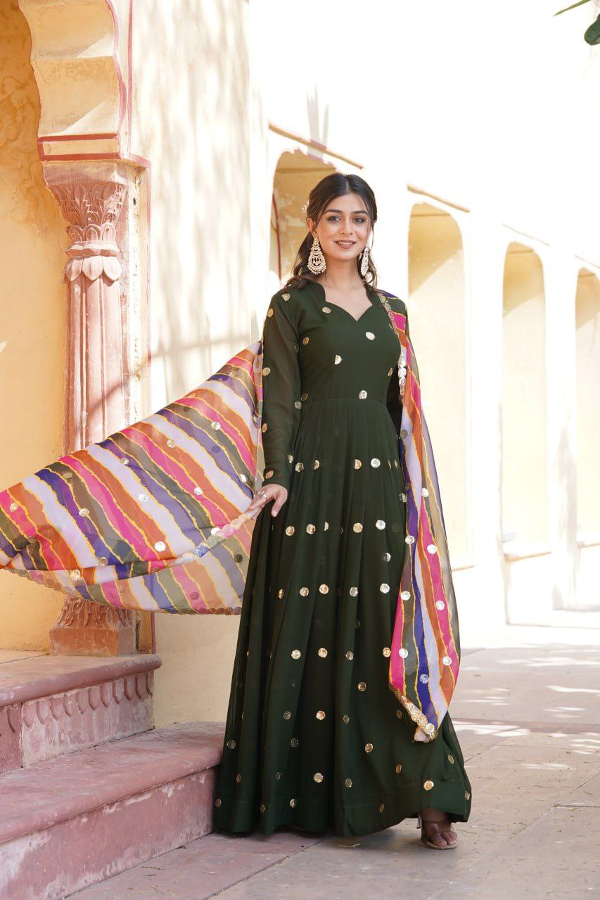 Dhumavati green georgette anarkali gown suit set