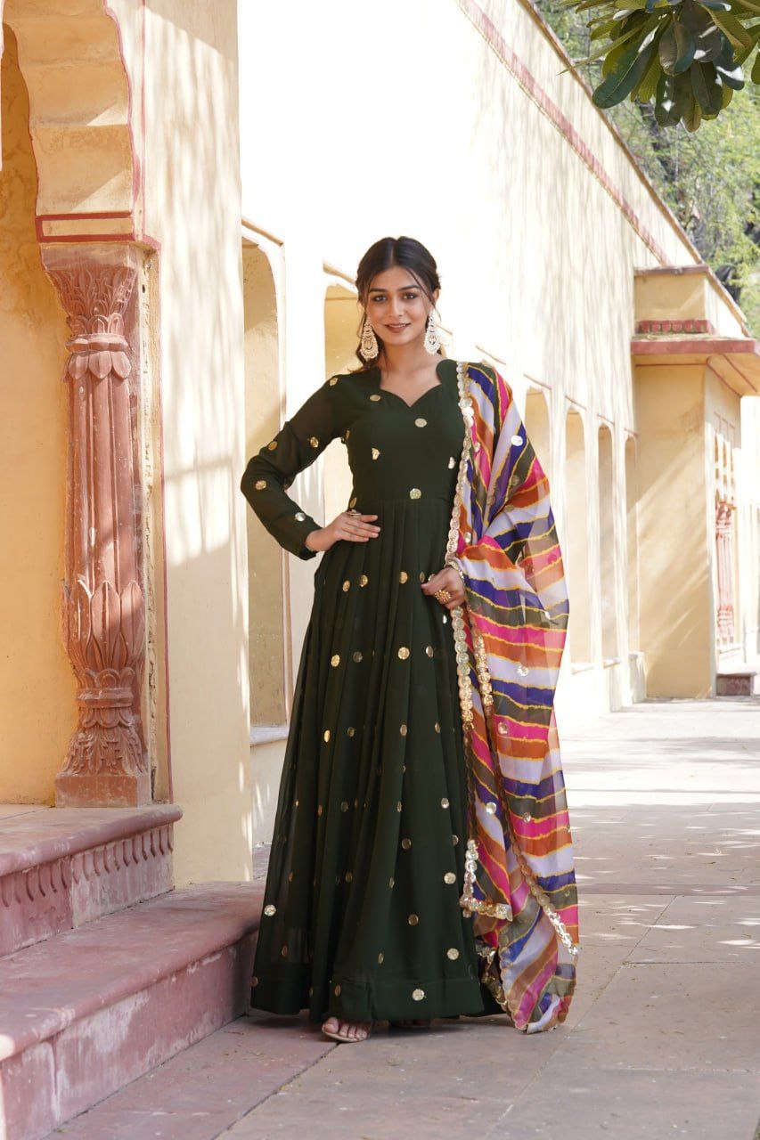 Dhumavati green georgette anarkali gown suit set
