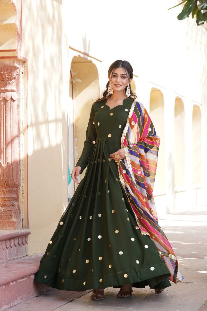Dhumavati green georgette anarkali gown suit set