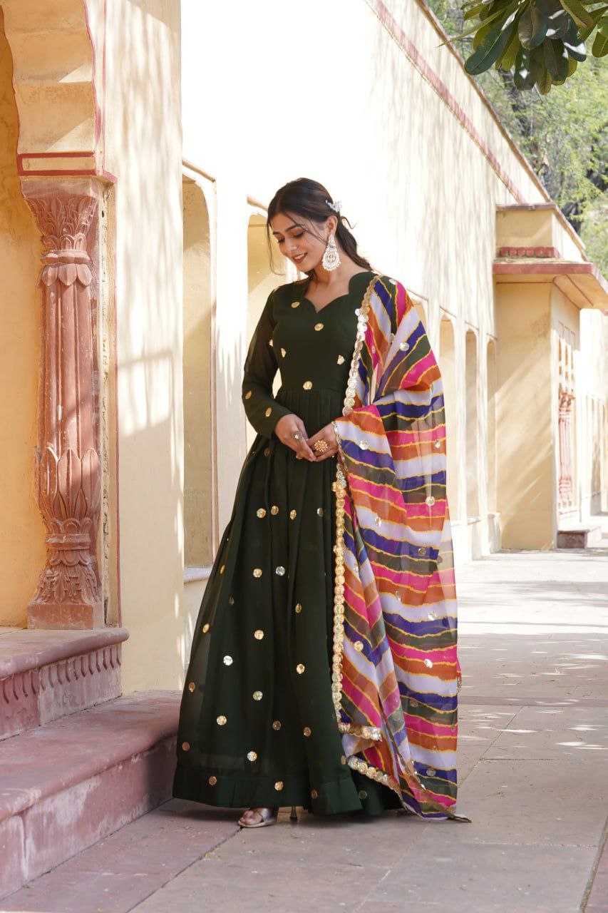 Dhumavati green georgette anarkali gown suit set