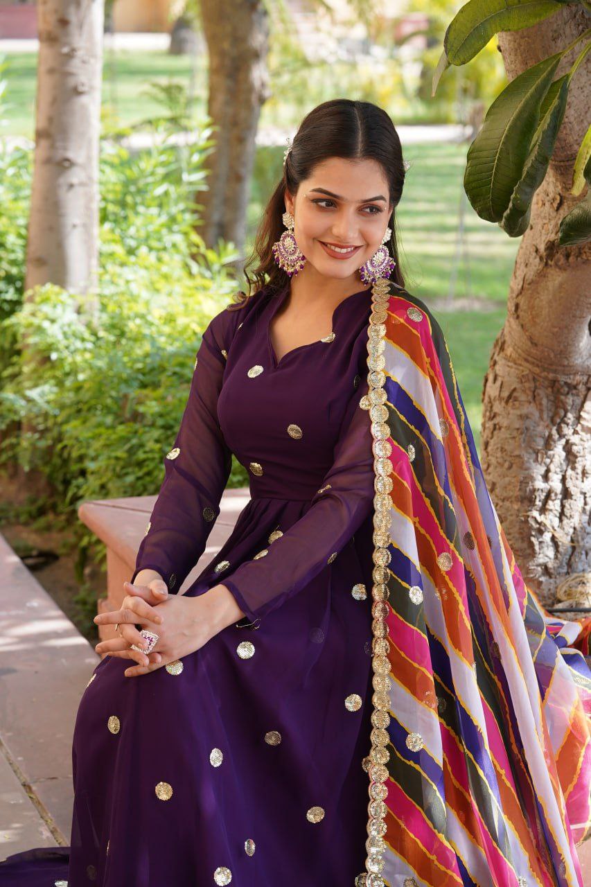 Dhumavati purple georgette anarkali gown suit set