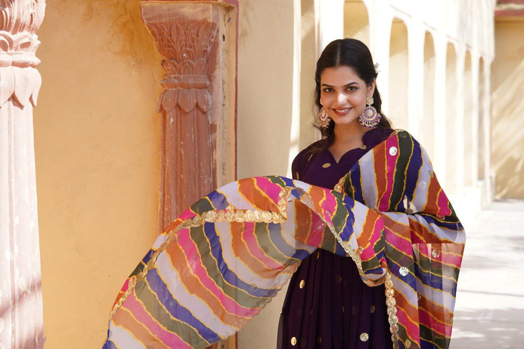 Dhumavati purple georgette anarkali gown suit set